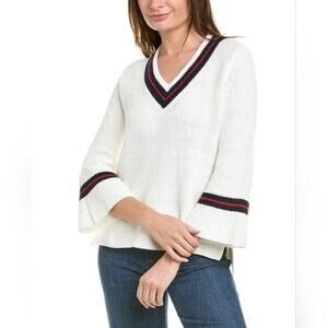 CAbi Retro Tennis Ace V Neck Ribbed Knit 3/4 Bell Sleeve Sweater Women's Size XS